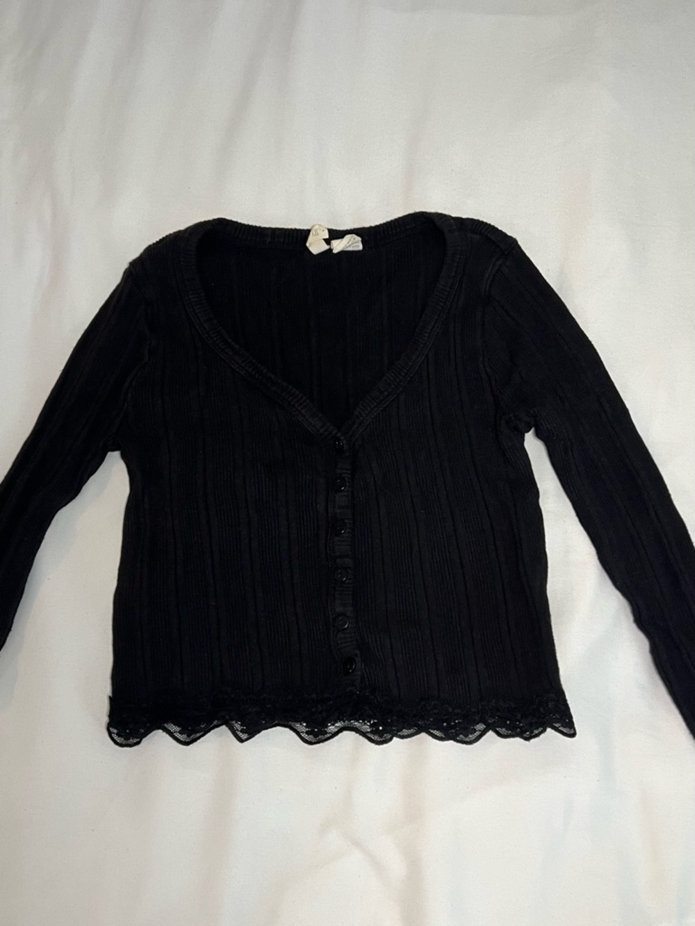 Black Ribbed V-Neck Button Cardigan Sweater Lace Trim